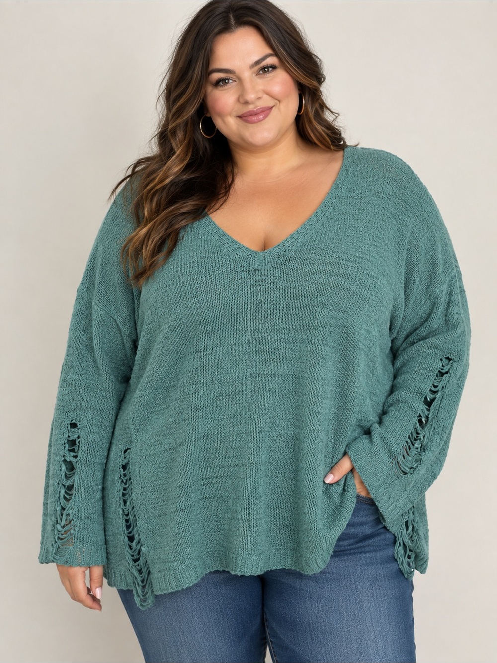 Davi & Dani Teal V‑Neck Open Stitch Sweater